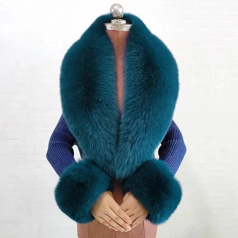 Ensemble écharpe et poignets en fourrure de renard naturelle d'hiver pour femmes, col en fourrure de veste, écharpes chaudes pour le cou authentiques, châle en fourrure de renard moelleux de luxe