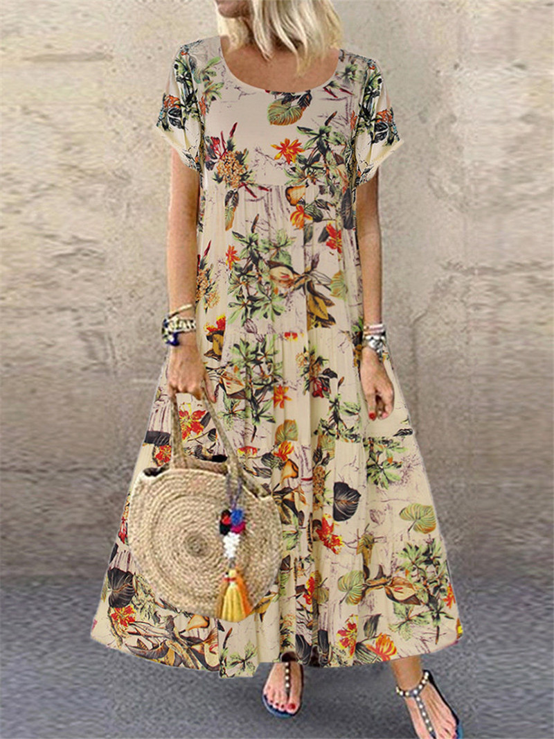 Robe d'été pour femmes à manches courtes, imprimé floral, bohème, élégante, décontractée, ample, longue, pour les vacances