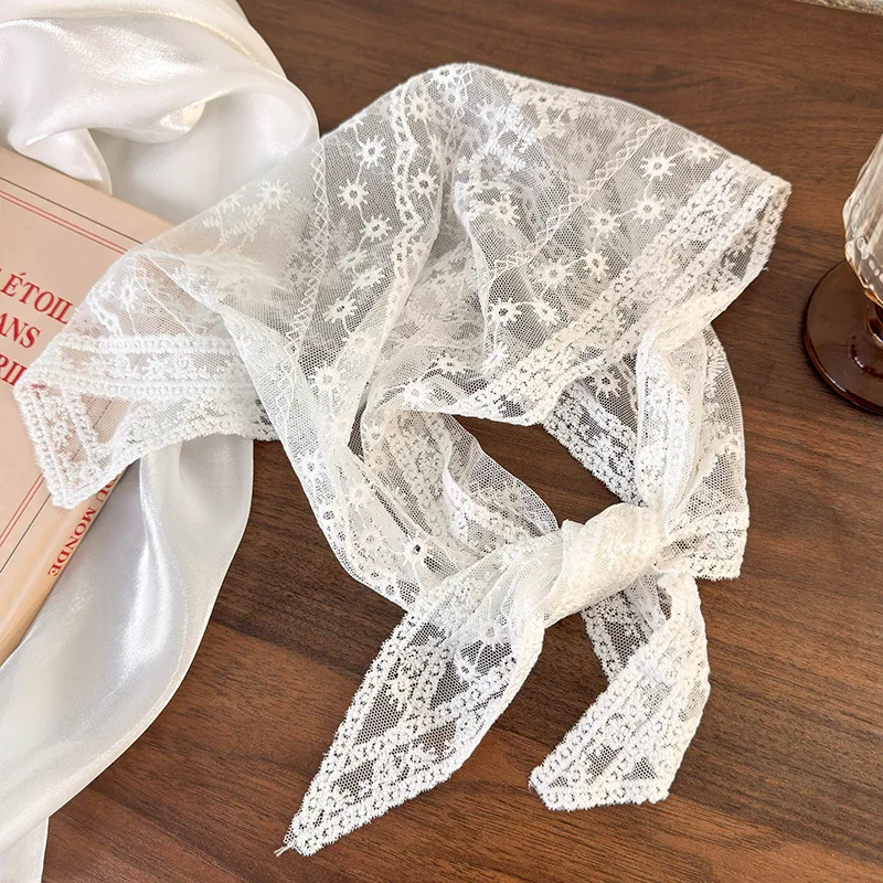 Été blanc tissé dentelle florale cheveux écharpe enveloppes femmes rétro Triangle foulard chapeau voyage Photo bandeau cheveux accessoires