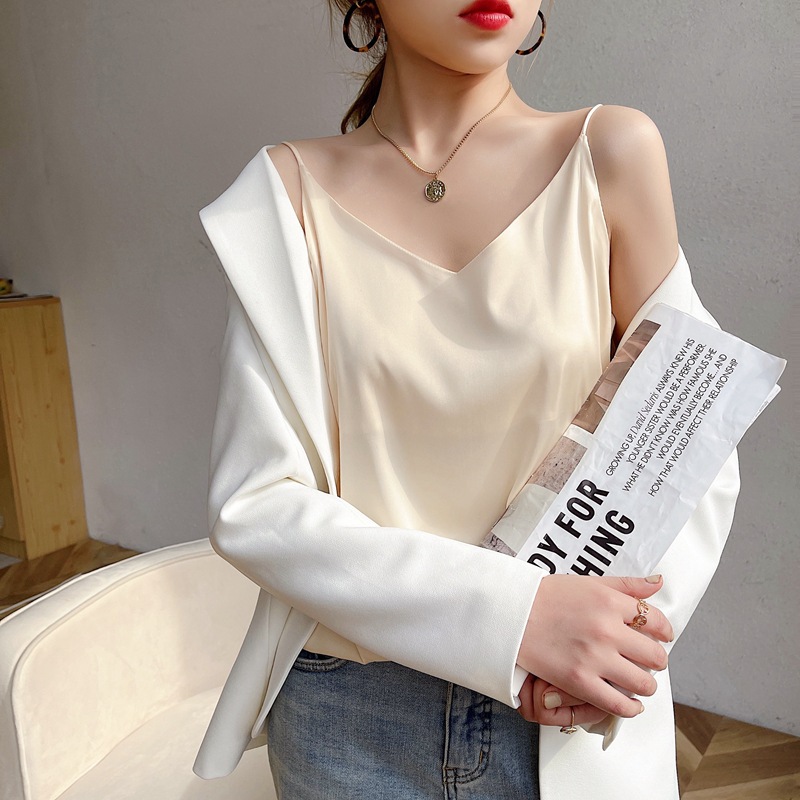 Chemisier en soie pour femmes, col en v, Design d'été, tendance, gilet à Base blanche, haut de Style français, coupe ample, couleur Pure, petit Style de luxe