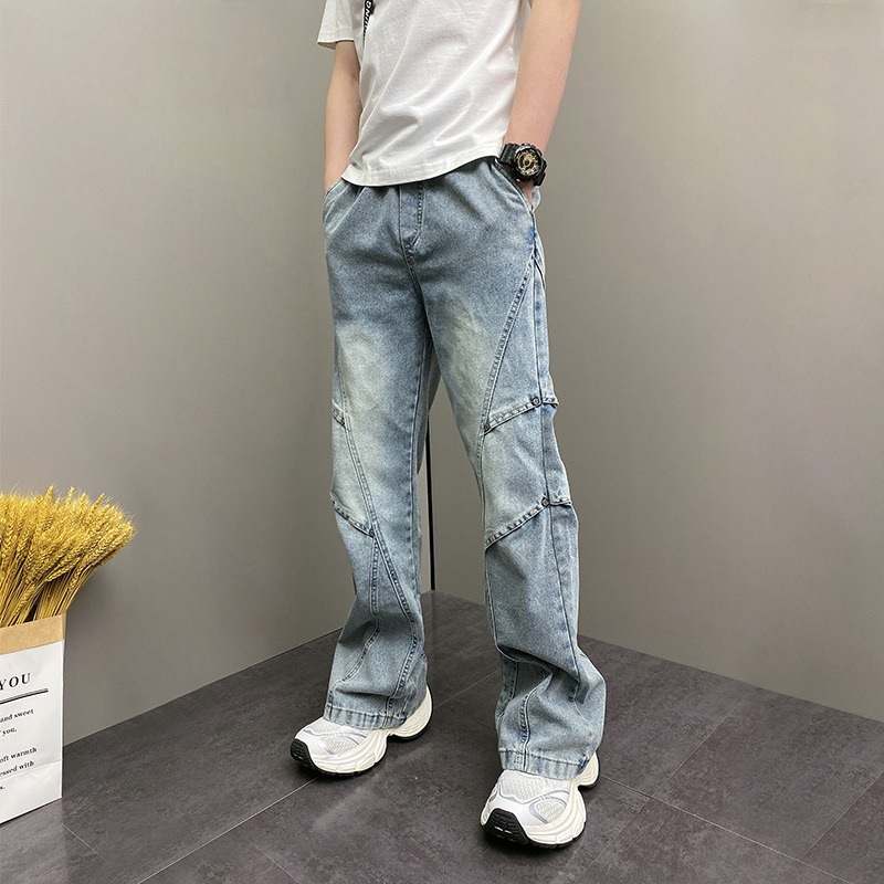 Pantalon ample coréen Haren à jambe droite, bleu, décontracté, avec cordon de serrage, taille élastique, jean tendance pour homme
