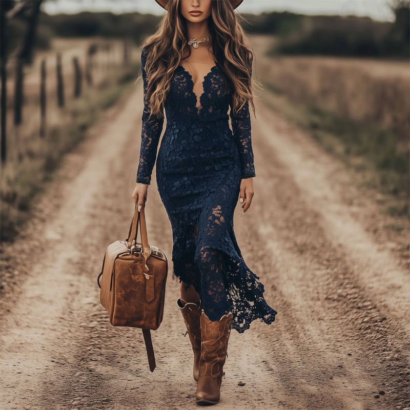 Robe longue en dentelle unie pour femmes, col en V, manches longues, coupe ajustée, robe de soirée moulante.