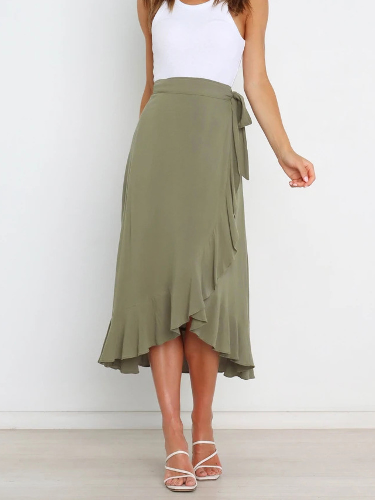 Longue jupe en mousseline de soie rose pour femmes, tenue d'été à lacets irréguliers, couleur unie, taille haute, moulante, noire, 2026