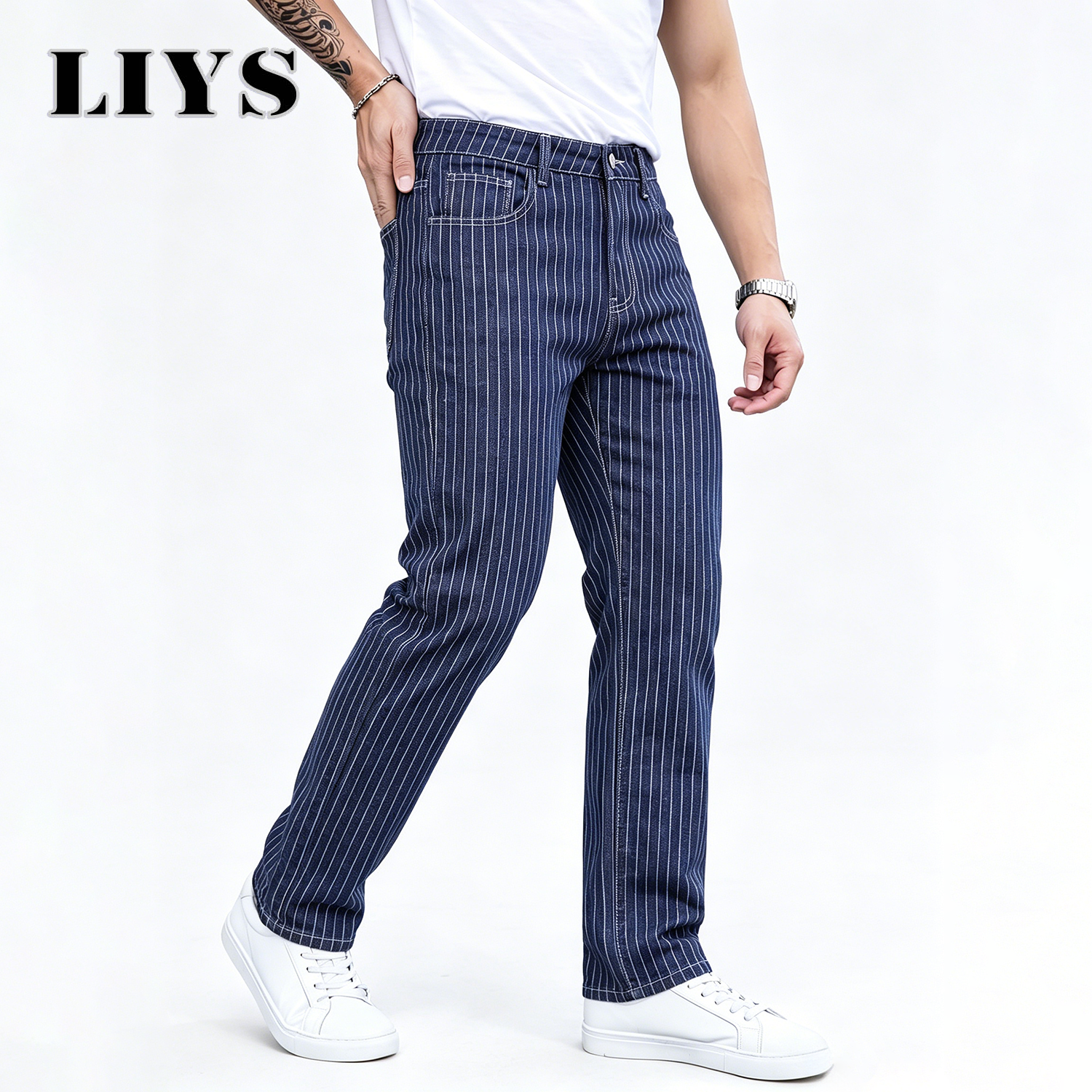 Jean slim jacquard rayé bleu et blanc LIYS, coupe droite élastique, style décontracté chic pour le bureau et les trajets quotidiens ﻿