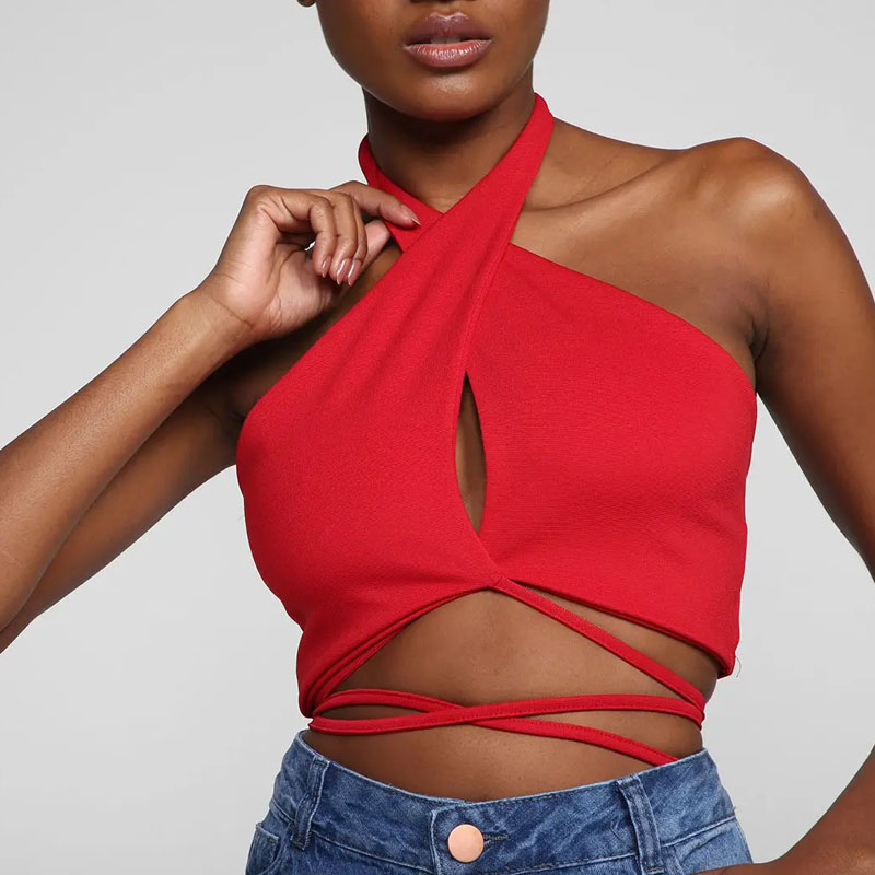 Haut court à lacets pour femme, dos nu croisé, col licou croisé, Push Up, dos nu, précieux, High Street Wear, GlaFashion, été