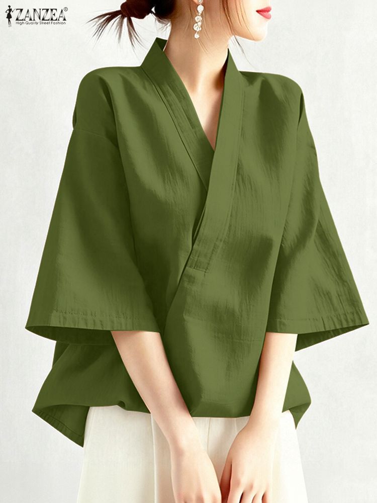 ZANZEA femmes Blouse tendance 2025 été croix col en V demi manches hauts solide ample travail tunique Style chinois Kimono chemises surdimensionnées