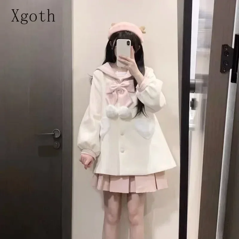 Manteaux pour femmes, col marin contrasté, nœud, simple boutonnage, poche en cœur, réduction de l'âge, manteau en laine polyvalent, vêtements pour dames