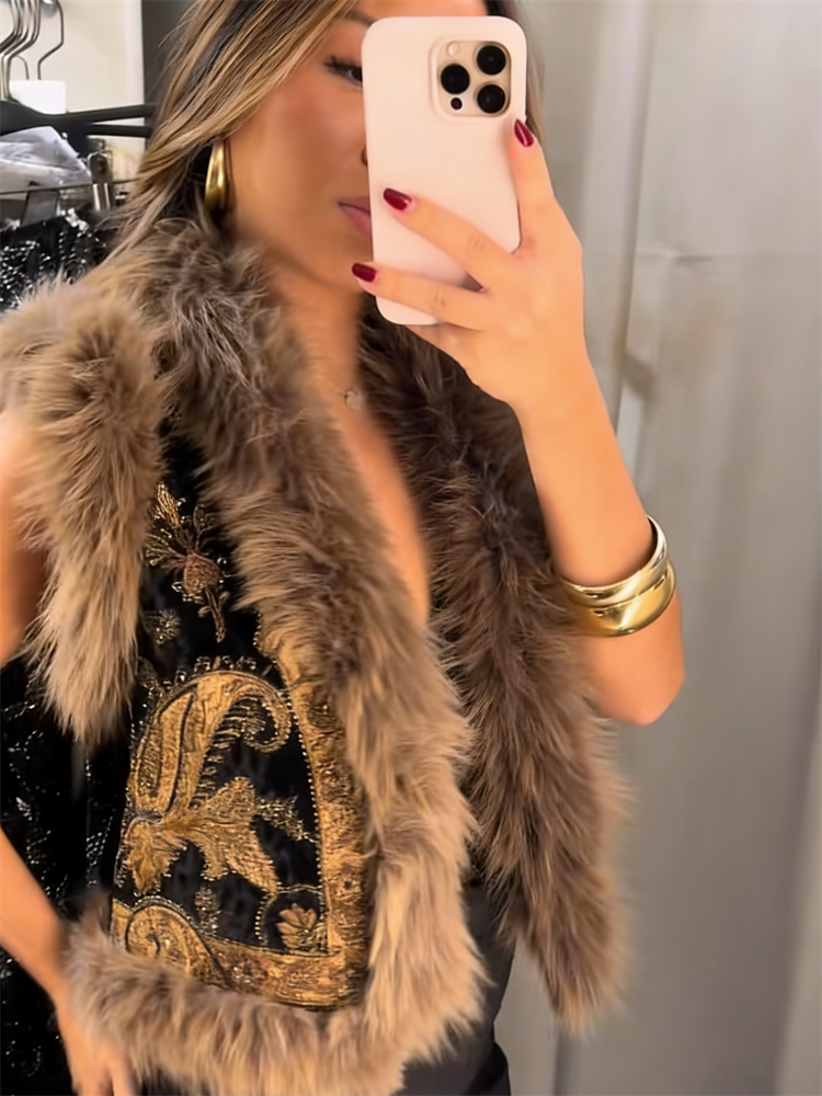 Gilet sans manches à motif Paisley Vintage pour femmes, avec garniture en fourrure de raton laveur, gilet à la mode, vêtements d'extérieur, Streetwear automne hiver 2025