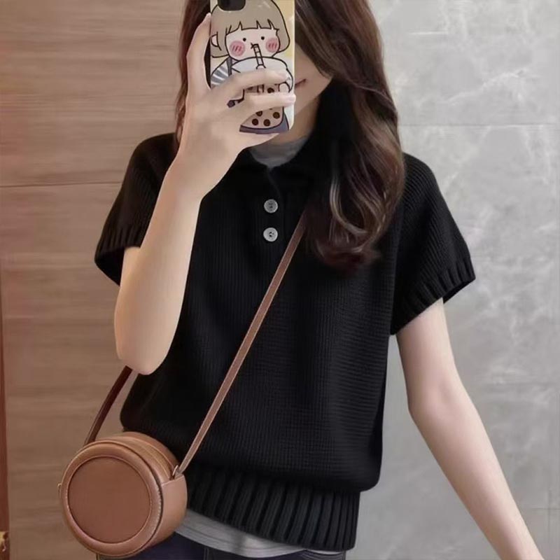 T-shirt en tricot uni vintage pour femme, col rabattu boutonné, manches courtes, pull tendance été, style Y2K