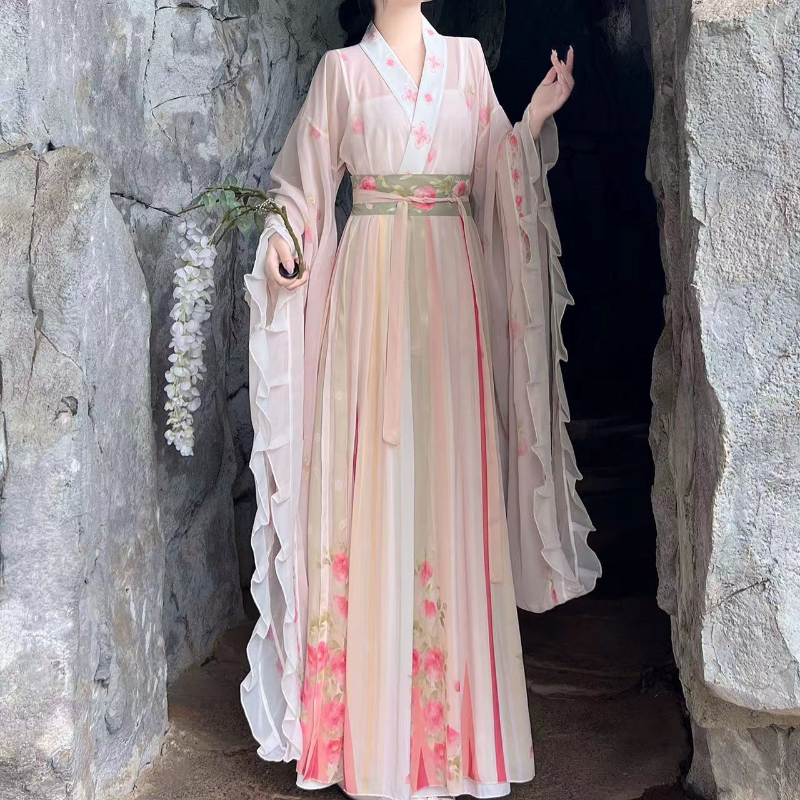 Ensemble de robe Hanfu de la dynastie WeiJin de style chinois pour femmes, robe longue dégradée, imprimé floral élégant traditionnel, cosplay féminin imbibé