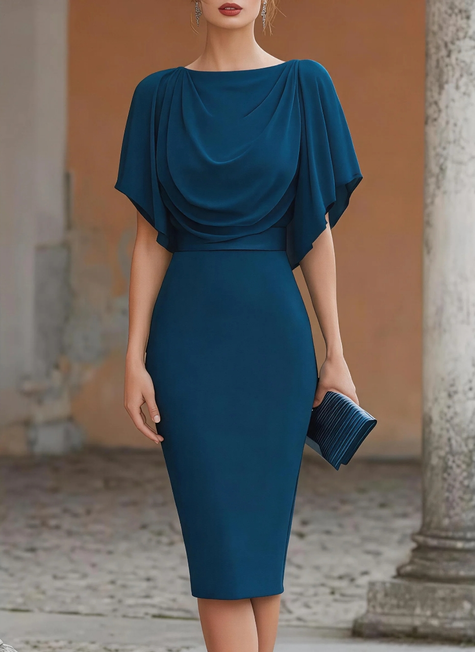 Robe midi à manches courtes pour femme, col bénitier, haut drapé style cape, jupe moulante, élégante pour soirée, cocktail ou occasion spéciale