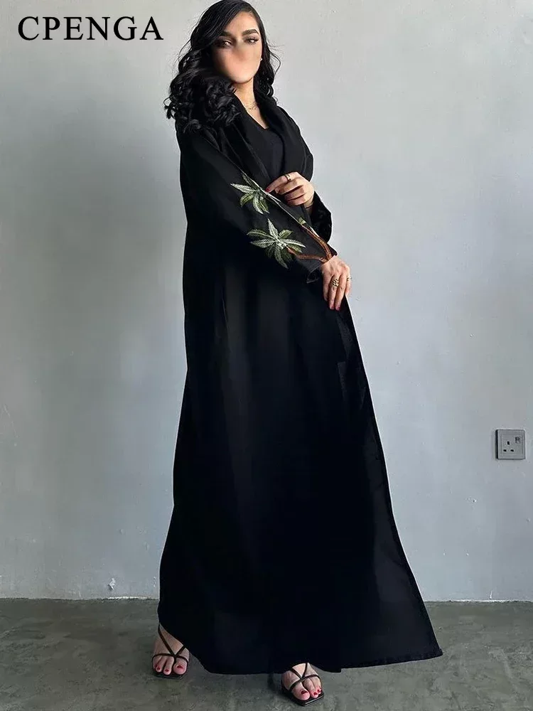 Robe musulmane noire de ramadan pour femmes, robe modeste, abaya unie ouverte, caftan marocain, broderie saoudienne et arabe, islam turc, Eid Ramadan