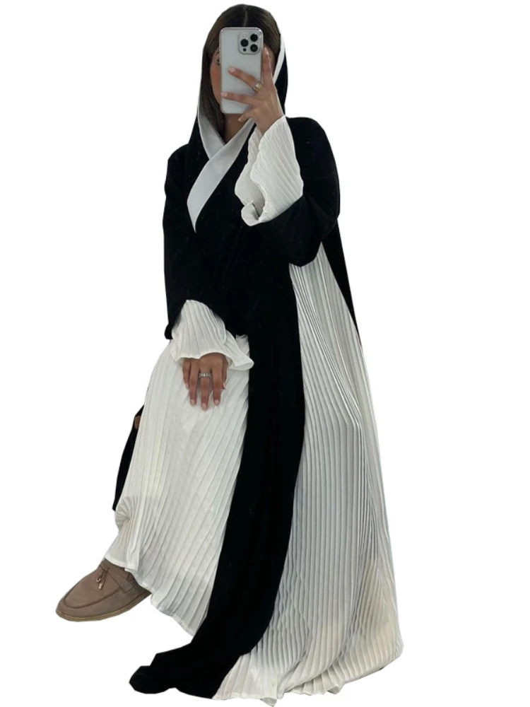Abaya de fête musulmane pour femmes, robe longue plissée, cardigan du Ramadan, caftan marocain, robe éducative, grande robe de Dubaï Jalabiya, Eid, 2024