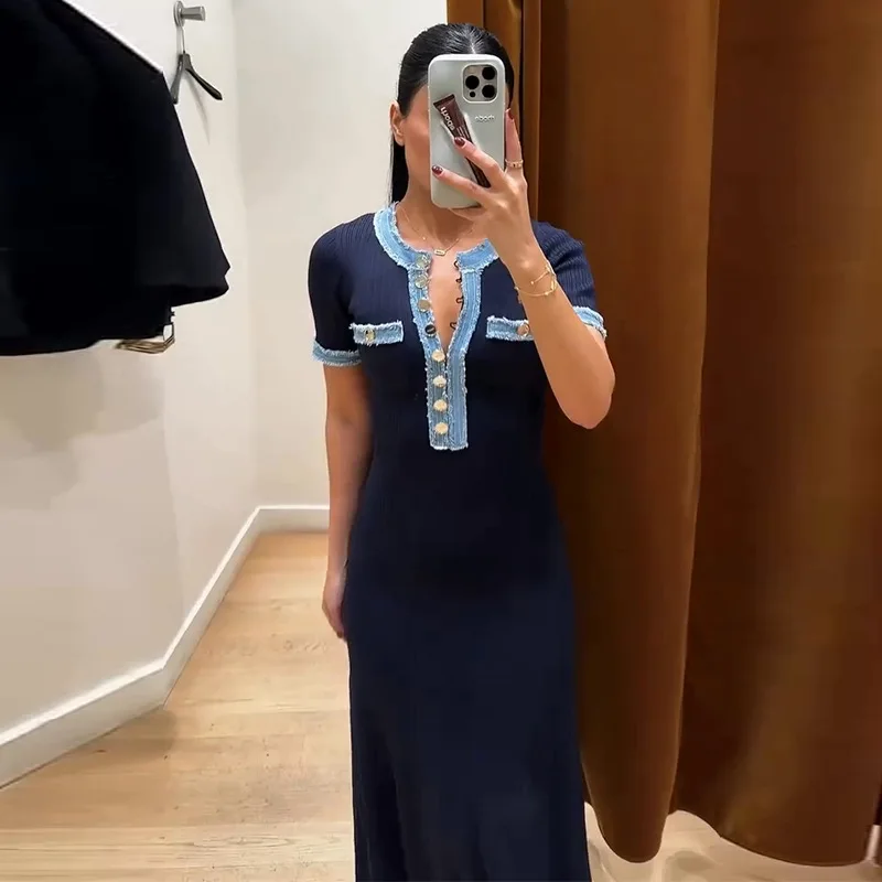 Robe longue pour femme, coupe ajustée, col en V, manches courtes, élégante, avec empiècements en jean, style Y2K, taille haute, été