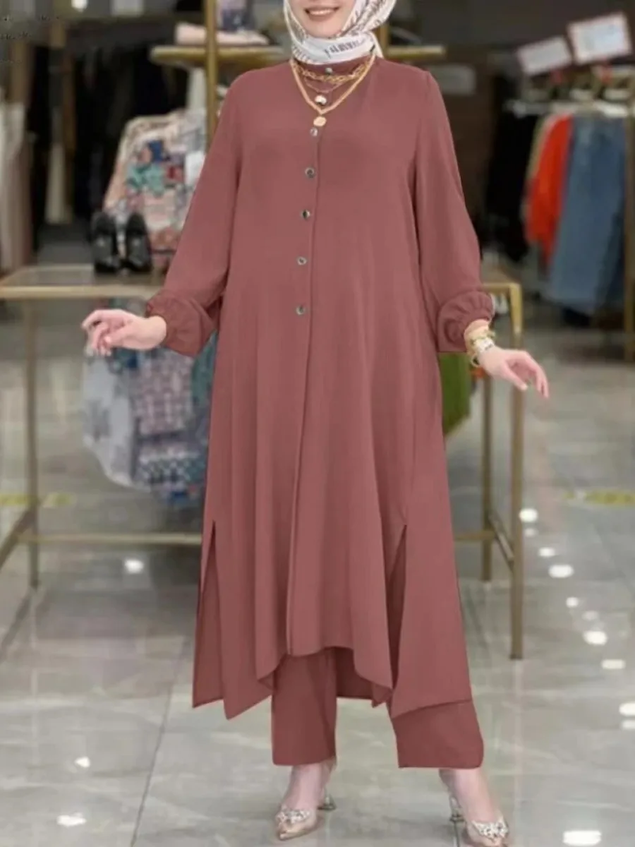 Femmes Eid ensembles musulmans Musulman Ensemble deux pièces dubaï Blouses pantalons à jambes larges ample décontracté arabe Ramadan solide caftan 2026