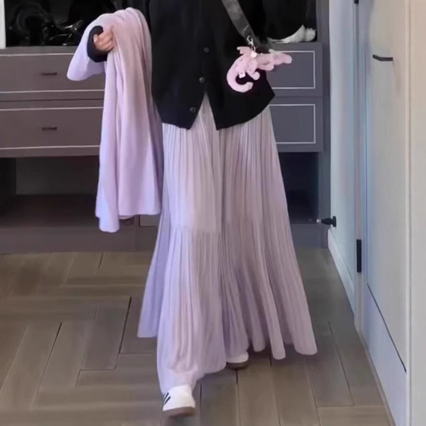 Jupe longue plissée taille haute tendance printemps-été pour femme, jupe trapèze décontractée et élégante unie, jupe mi-longue féerique pour fille