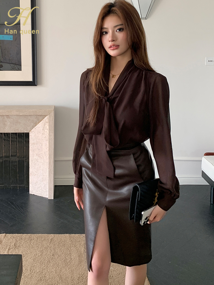 H Han Queen travail décontracté hauts chemisier en mousseline de soie nouveauté chemise femmes Blouse Vintage nœud élégant lâche femmes chemises d'affaires