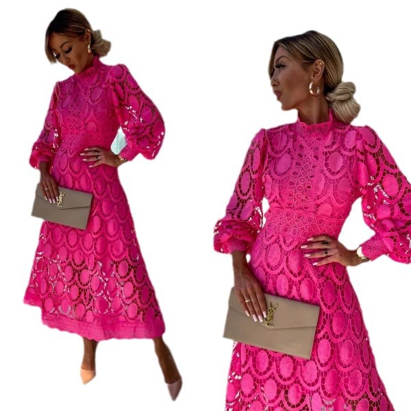 Robe mi-longue en dentelle française, col montant, manches bouffantes, élégante, moulante, pour femmes