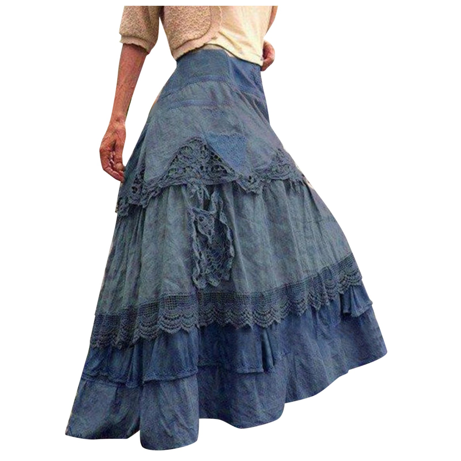 Robe bohème longue en dentelle pour femmes, jupe à plusieurs niveaux, jupes maxi, décontracté, uni, simple, t-shirt adt, été, 2024