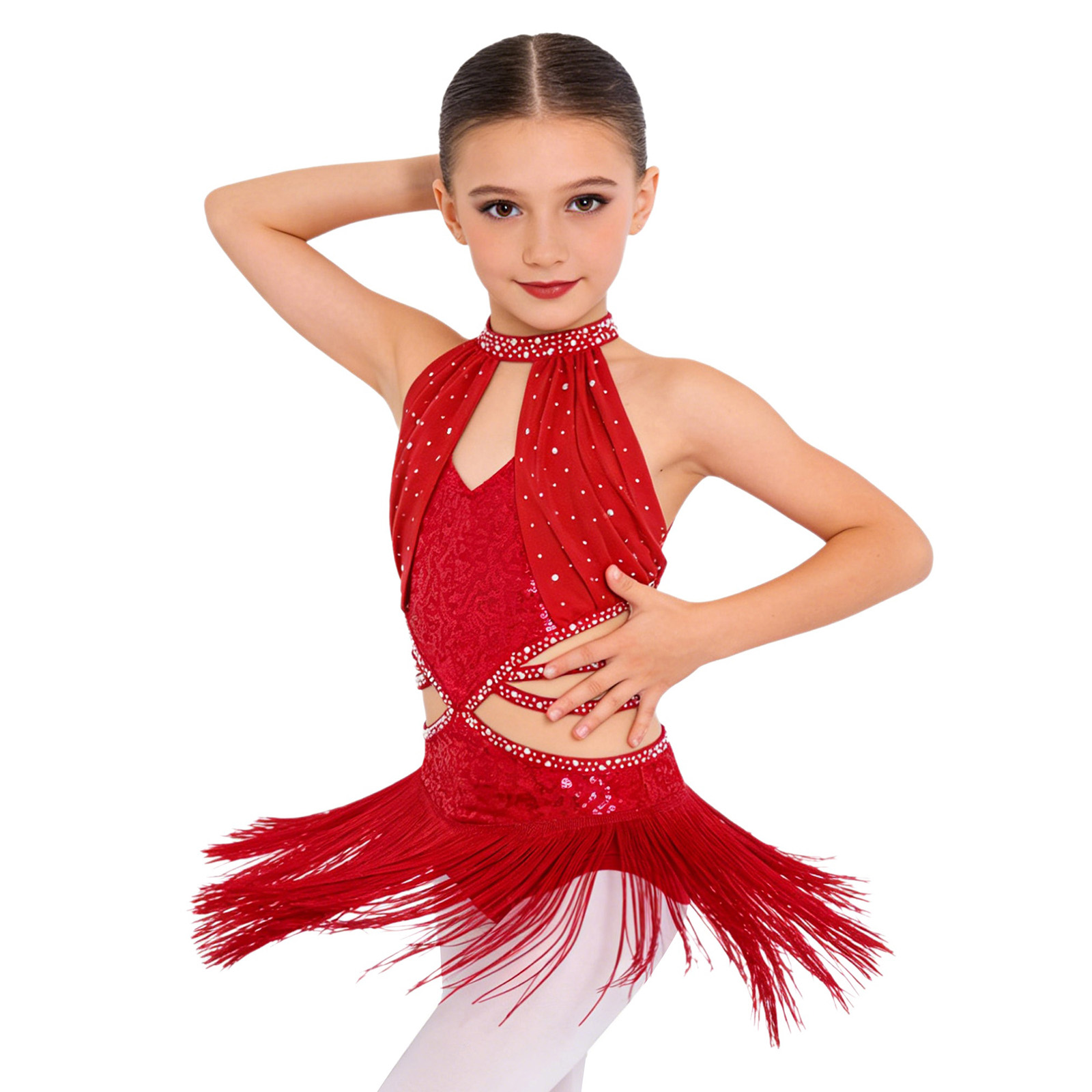 Costume de patinage artistique pour filles, strass, bretelles, sans manches, franges, justaucorps, tango, latin, jazz, danse, tenue