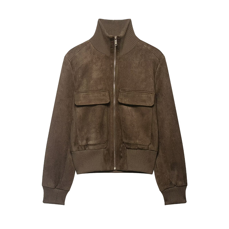 Vestes et Manteaux pour Femmes : Nouvelle Collection – Blouson Court en Suédine Côtelée Tendance, Col Montant, Manches Longues – Idéal Automne Hiver