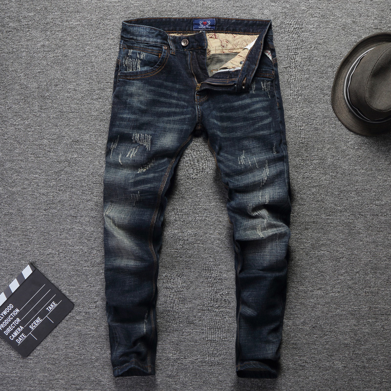 Nouvellement créateur de mode hommes jean rétro vert bleu coupe ajustée déchiré jean hommes pantalon Vintage décontracté coton Denim pantalon Hombre