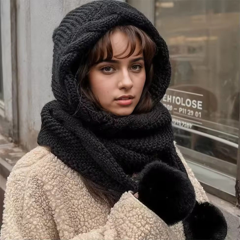 Ensemble bonnet et écharpe d'hiver pour femme - Bonnet en laine thermique avec pompon et cagoule pour froid extrême, bonnet polyvalent avec écharpe intégrée, bonnet tricoté