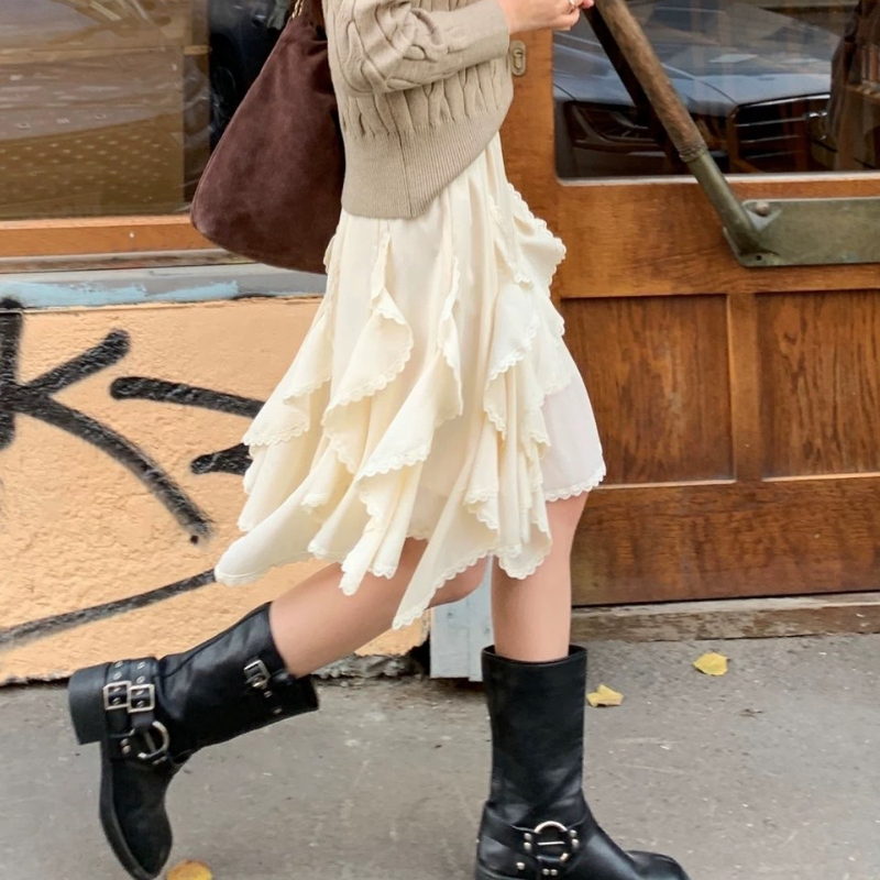 Deeptown Style coréen doux Tulle jupe femmes Fairycore élégant dentelle à volants jupes Vintage irrégulière Streetwear couches jupes