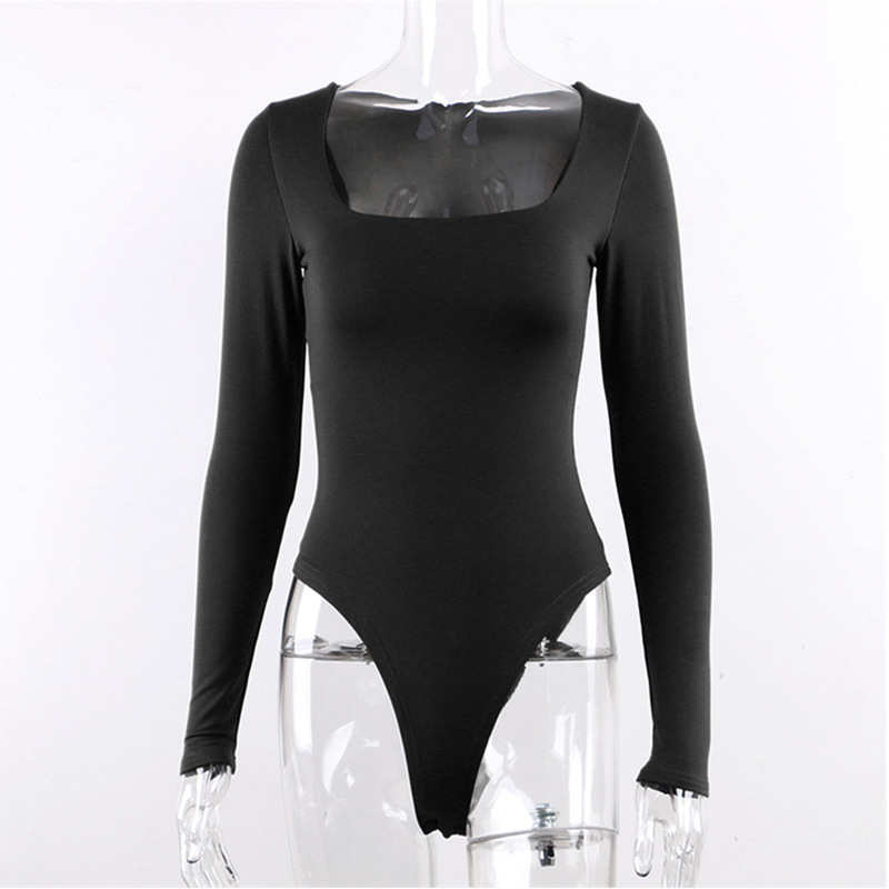 Body à manches longues pour femmes, streetwear, sexy, moulant, col carré, gaine, entrejambe, salopette noire basique, livraison directe