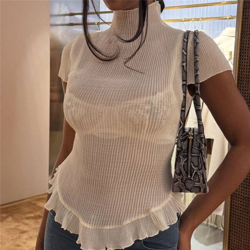 T-Shirt côtelé pour femmes, décontracté, coupe cintrée, élégant, transparent, couleur unie, col roulé, manches courtes, chemise, fête d'été, Clubwear