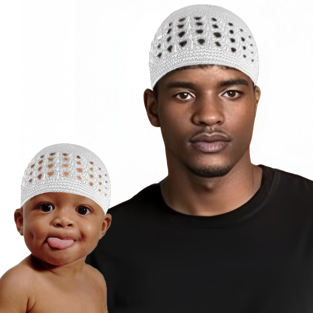 Chapeau Kufi tricoté musulman pour adultes et enfants 2 pièces bonnets Skullies tricotés casquette de crâne Crochet fait à la main casquette de prière islamique du Ramadan