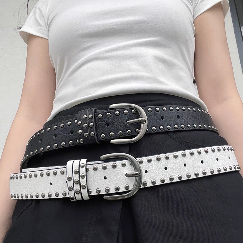 Ceinture en cuir cloutée avec boucle D, ceintures de taille Punk pour femmes, ceinture bleue de luxe, mode Cool, blanc, accessoire en tissu