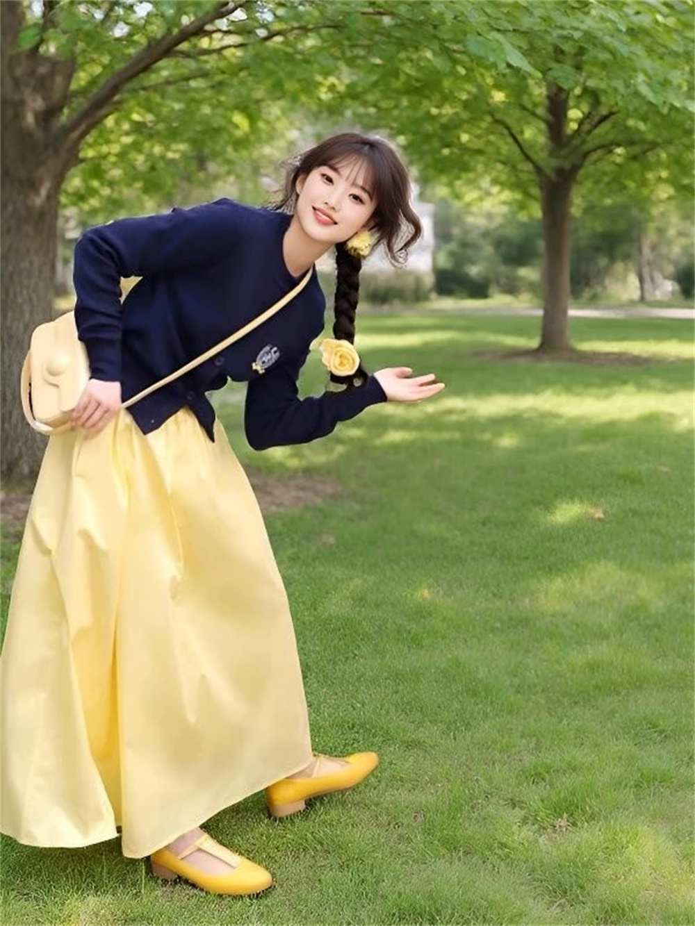 Jupe longue plissée élégante jaune pour femme, taille élastique, coupe ajustée, style décontracté printemps-été-automne