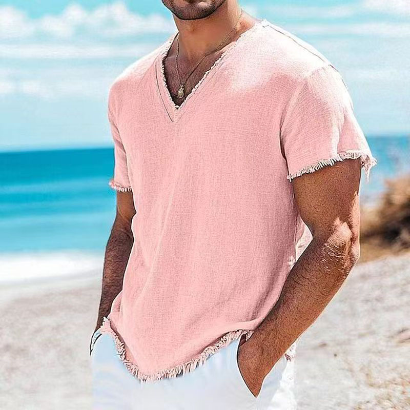 Mode d'été hommes coton lin chemises Vintage solide décontracté ample gland hauts col en v T-shirts à manches courtes T-shirts chemises pour homme