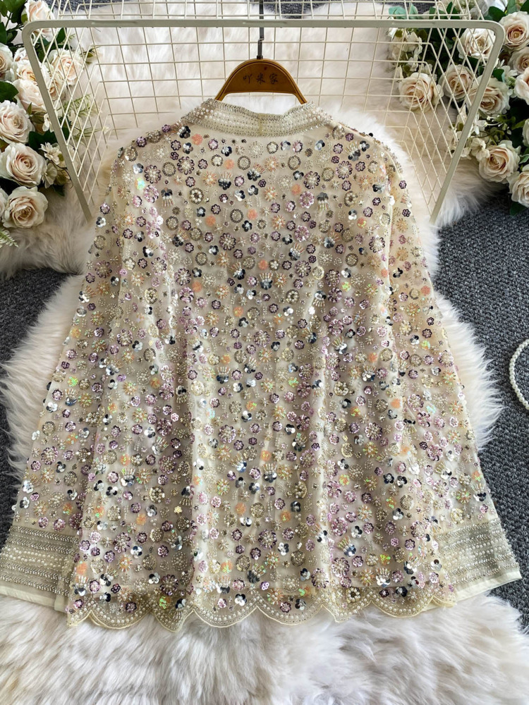 Cardigan vintage brodé de sequins, veste perlée à col en V pour femme, idéal pour les soirées d'automne, collection début de saison