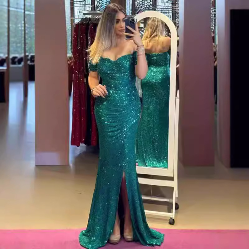 Robe de bal fendue Sexy pour femmes, robe à paillettes, mode élégante, épaules dénudées, Maxi, 2026