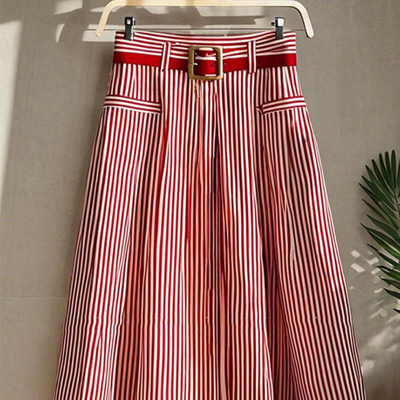 Mousseline de soie a-ligne rayé parapluie jupe femmes taille haute tempérament jupe plissée Vintage Faldas Largas été