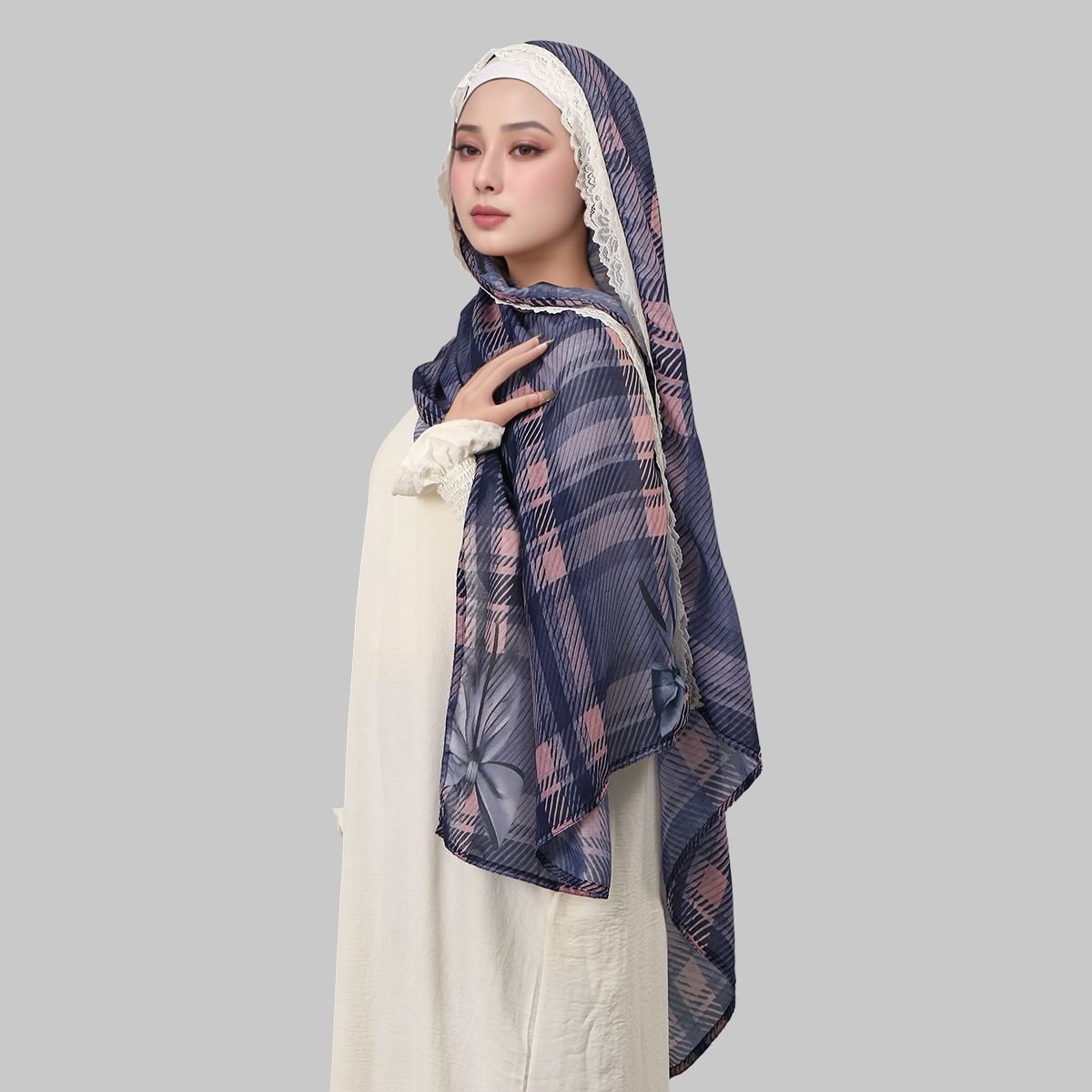 Nouveau Hijab Musulman Imprimé Dentelle à Pois pour Femme, Châle Turban Foulard Voile pour Femme Ramadan 180*70cm