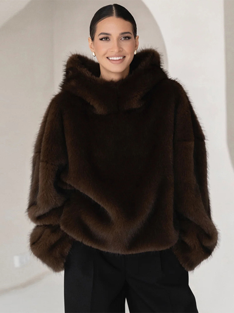 Manteau d'hiver à capuche en fausse fourrure marron pour femme, manches longues, chaud, épais, ample, pull en peluche, mode dame, nouveaux vêtements d'extérieur, 2025