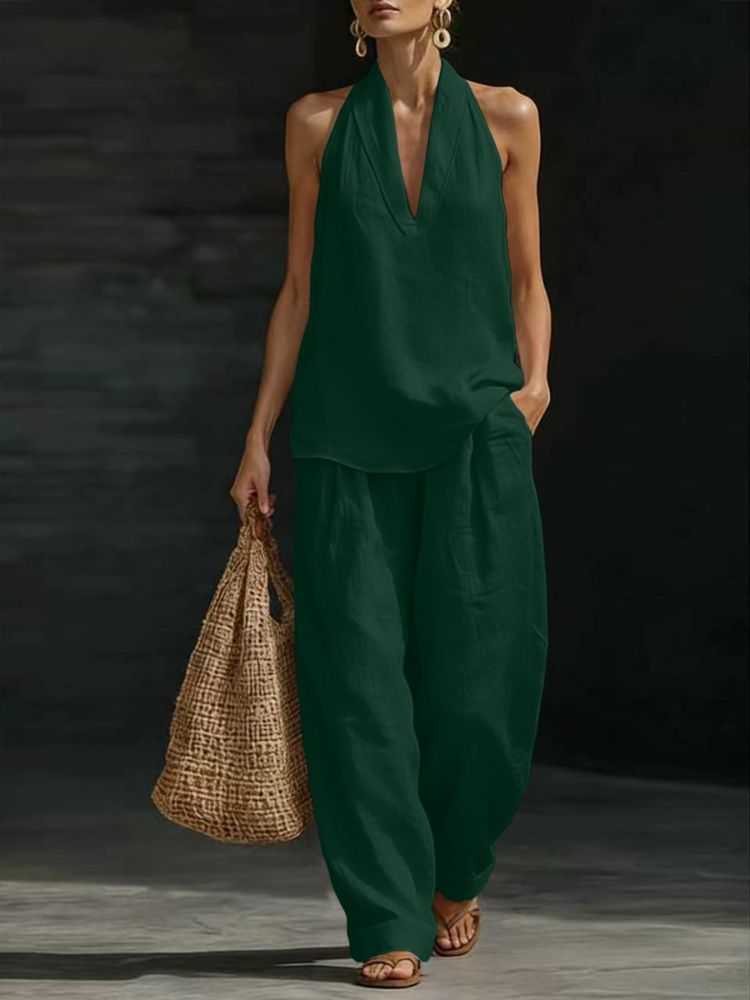 Nouvel ensemble décontracté d'été 2026 en lin sans manches pour femme, style européen tendance, pantalon large et ample, deux pièces