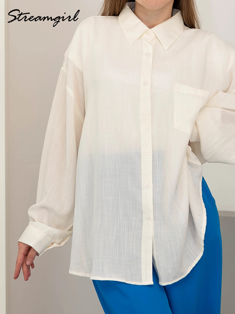Chemises en lin bleues d'été pour femmes, hauts amples à manches longues, chemise verte pour femme, hauts basiques en lin pour le travail, chemises blanches pour femmes