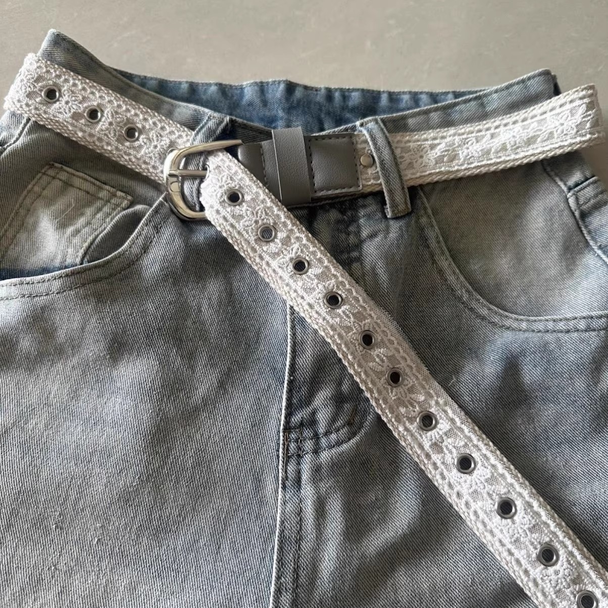 Ceinture en toile vintage avec dentelle pour femme, boucle métallique tendance, ceinture décorative, accessoire rétro pour jean, design coréen à la mode, 110 cm