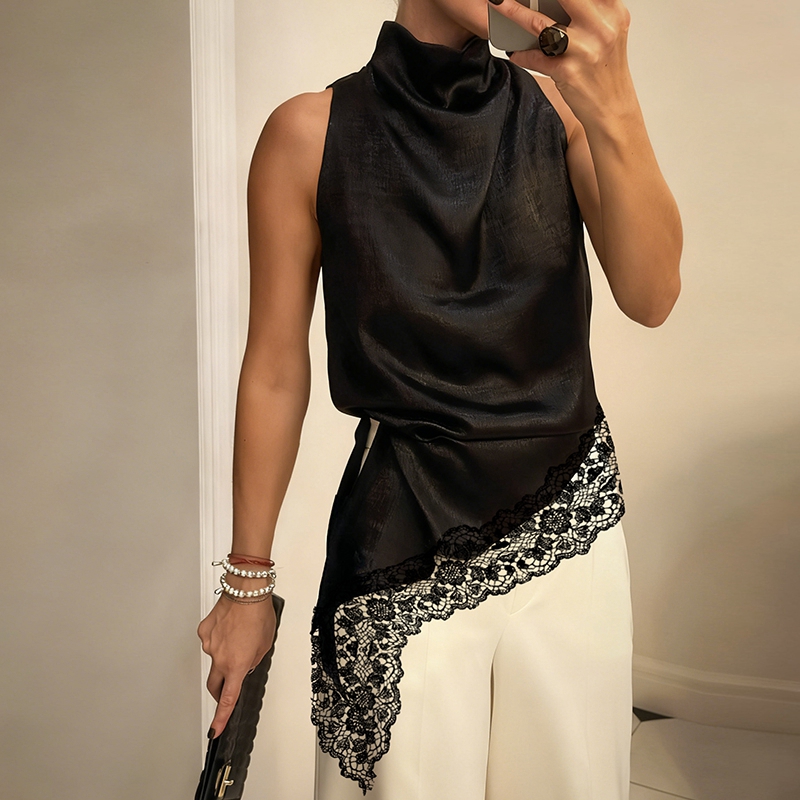 Hauts élégants sans manches pour femme, débardeurs à ourlet asymétrique fendu sur le côté, camisoles à col montant en satin avec bordure en dentelle, style Y2K, pour sorties