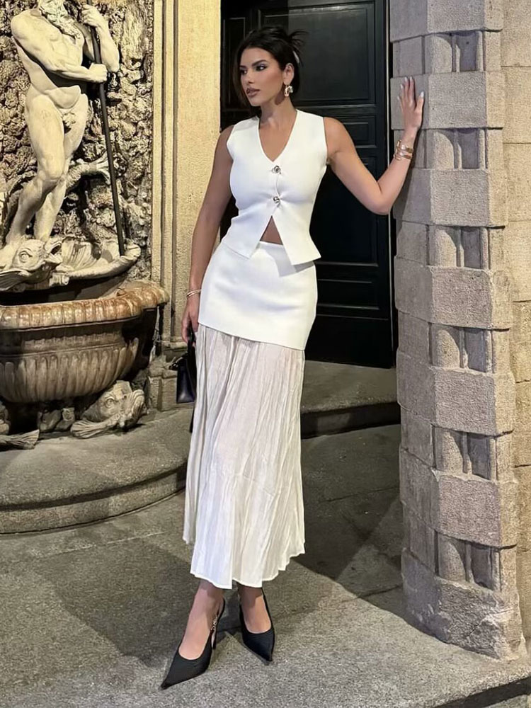 HH femmes élégant solide tricoté gilets jupes costumes col en V gilet Patchwork jupe Midi été décontracté femme 2 pièces ensembles