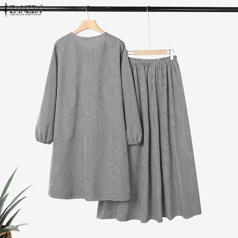 2026 ZANZEA Ensemble de survêtement musulman pour femme, 2 pièces, comprenant une robe chemise longue à manches longues et une jupe kaftan, tenue oversize à carreaux