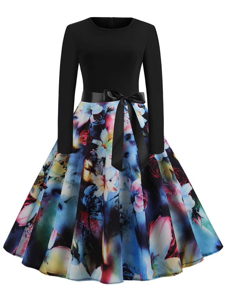 Robes de Noël d'hiver pour femmes, style vintage années 50-60, robe swing pin-up élégante, robe de soirée à manches longues, imprimé décontracté noir