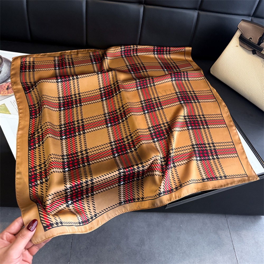Nouveaux Foulards Carrés pour Femme, Effet Soie, Imprimé Carreaux, Bandeau Cheveux, Ruban, Écharpes et Châles Printemps