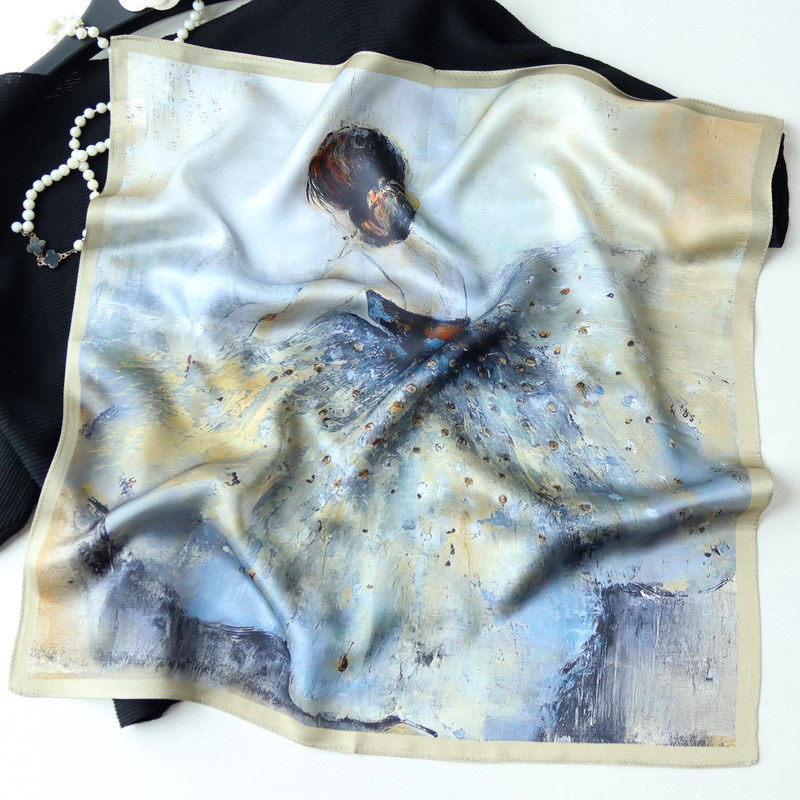 Foulard en soie naturelle 100% pour femmes, Bandana pour danseuse de Ballet, peinture à l'huile, carré de 55cm