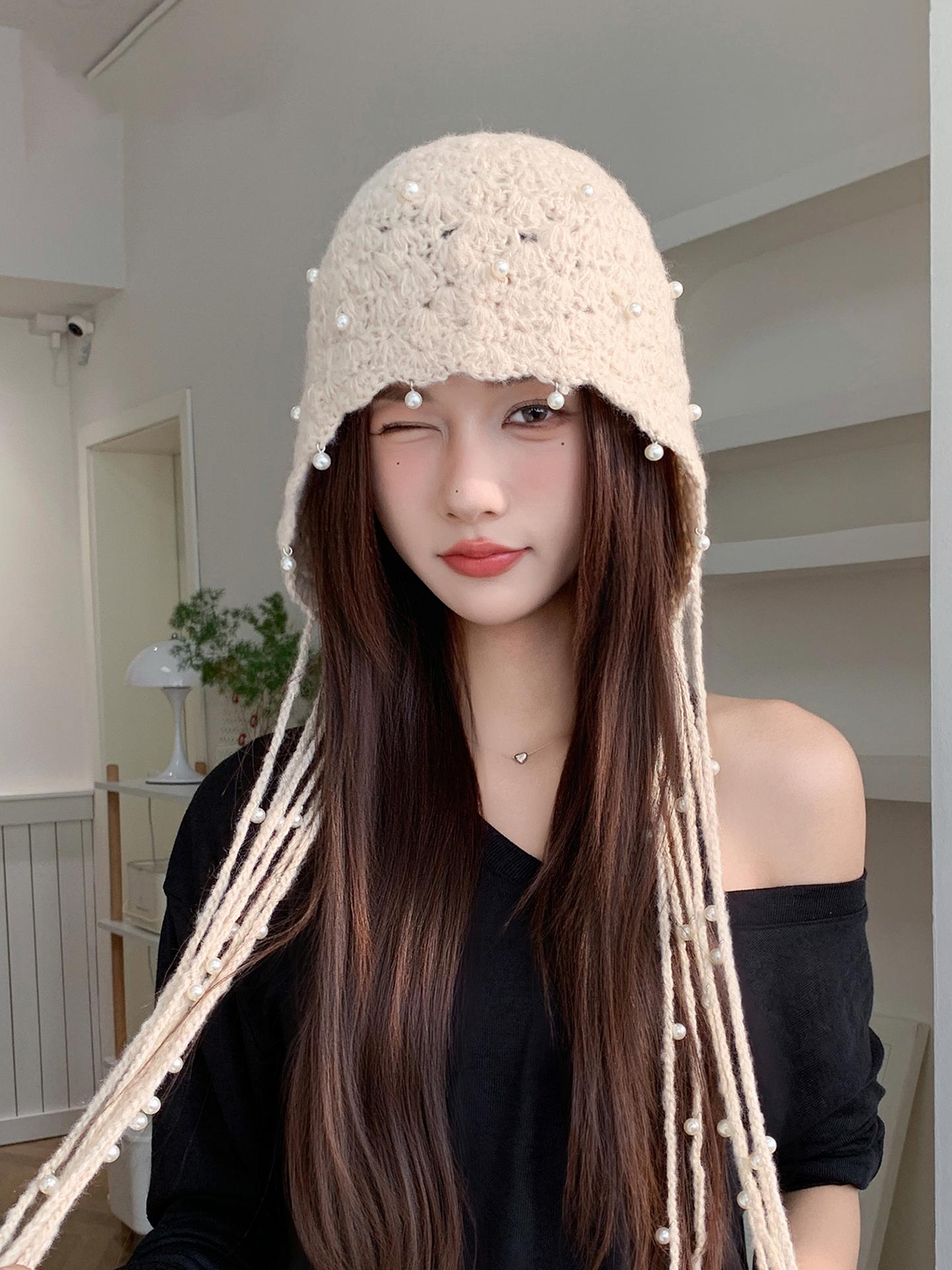 Baotou – chapeau tricoté avec pendentif en perles creuses pour femme, nouveau Style ethnique, Look rétro, petit chapeau tricoté polyvalent, automne/hiver 2025