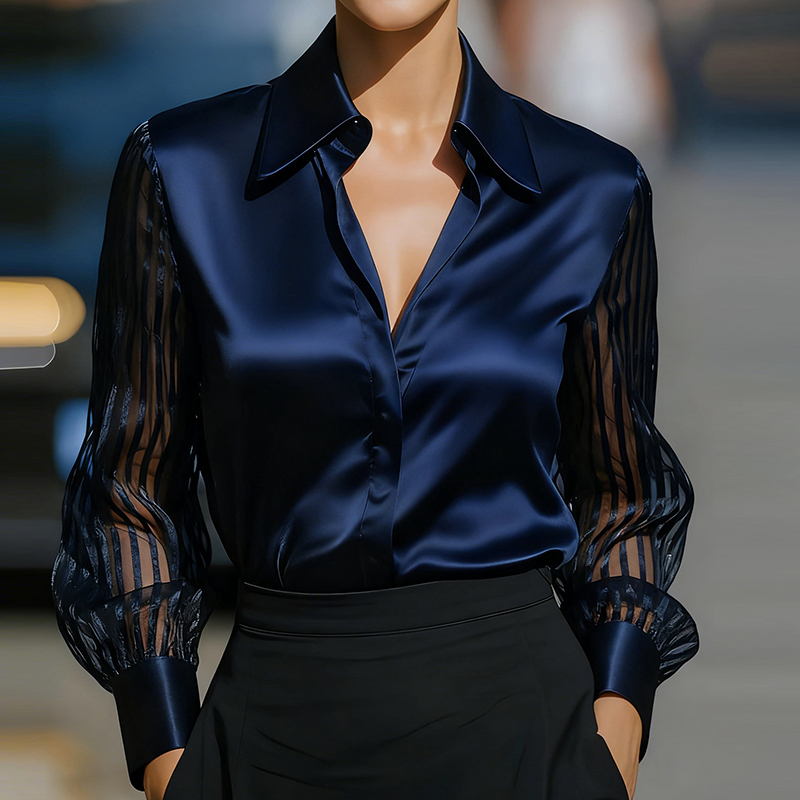 Mode femmes à manches longues chemise en soie noir col rabattu bouton Blouse femmes bureau hauts maille voir à travers la manches chemise en Satin